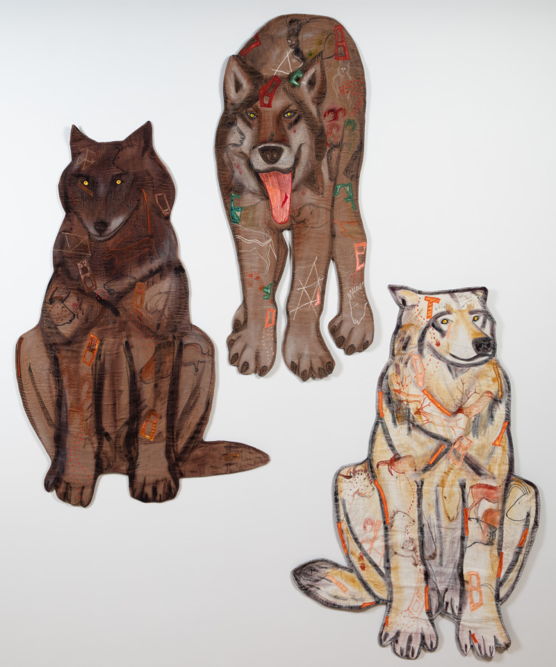 <p>Nancy Erickson, <span class="italic">Toklat Wolves: Patience, Fidelity, Watch Wolf</span>, 2005, satin, fabric paints, machine stitched, appliqued and quilted, approx. 64 x 25 inches each, MAM Collection, copyright the artist.</p>